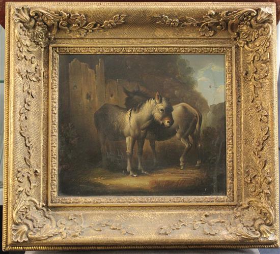 Attributed to George Morland (1763-1864) Donkeys beside a fence, 10 x 12in.